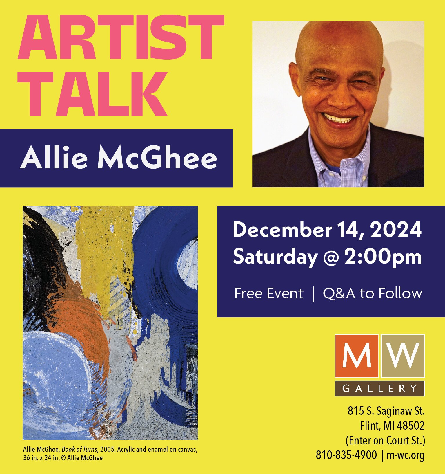 Detroit artist Allie McGhee will visit Flint’s MW Gallery on Saturday, Dec. 14, to discuss his artistic journey and approach to abstract art.