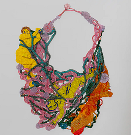 Joyce J. Scott, American, born 1948. Yeller Girls, 2020. Glass beads, thread, peyote stitch 16 x 10 1/4 x 1/8 in. Cincinnati Art Museum, Cincinnati, OH. 