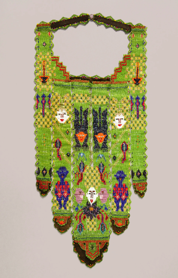 Joyce J. Scott, American, born 1948. Chinese Panthers, 1979. Glass beads, thread, sued, loom and peyote stitch 20 x 8 3/4 x 1/8 in. Cooper Hewitt Smithsonian Design Museum New York, New York.