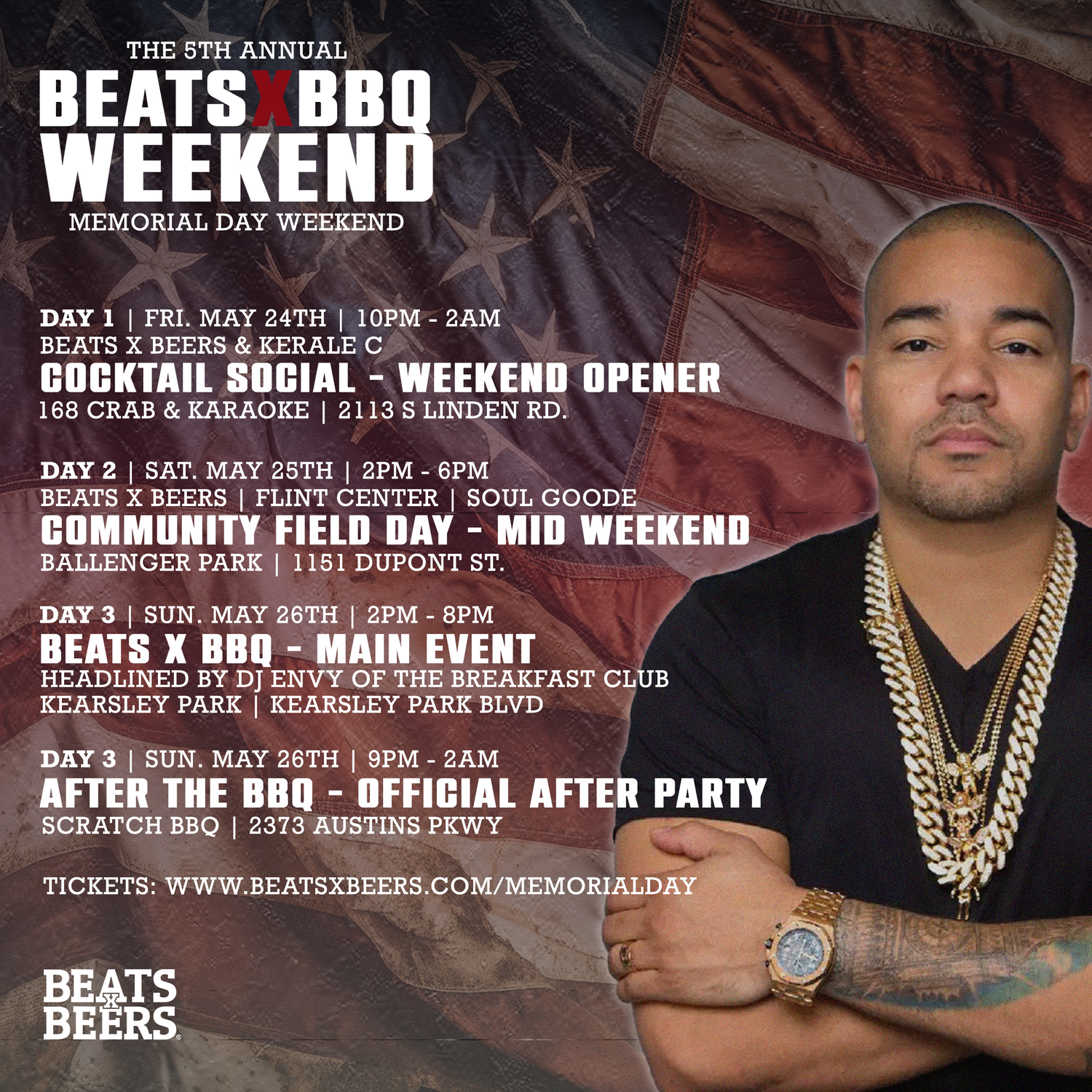 Promotional flier for the 5th annual Beats x BBQ Memorial Day weekend.