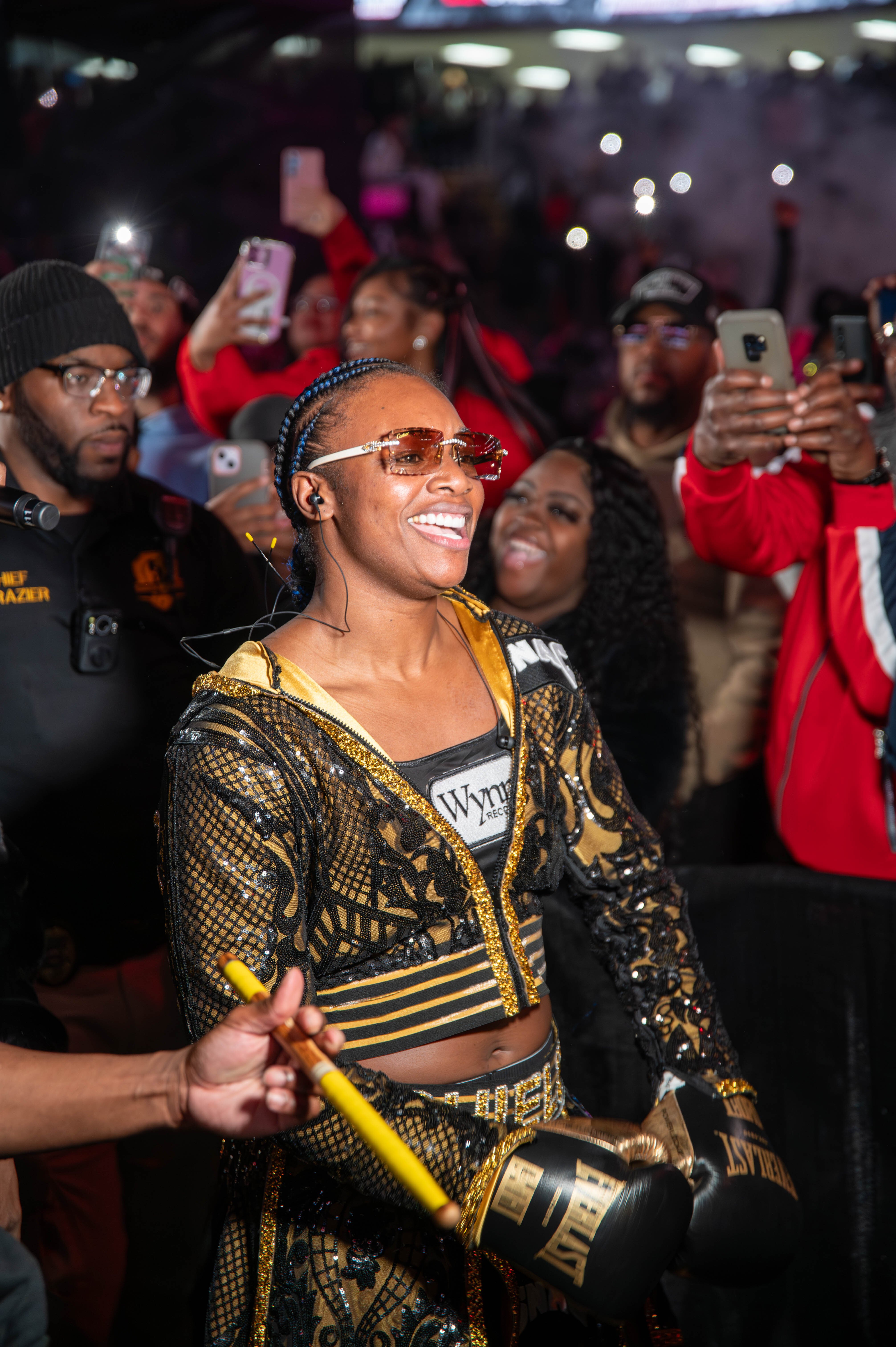 Claressa Shields makes her way to the ring with her entrance band on Sunday, Feb. 2, 2025, at Dort Financial Center.