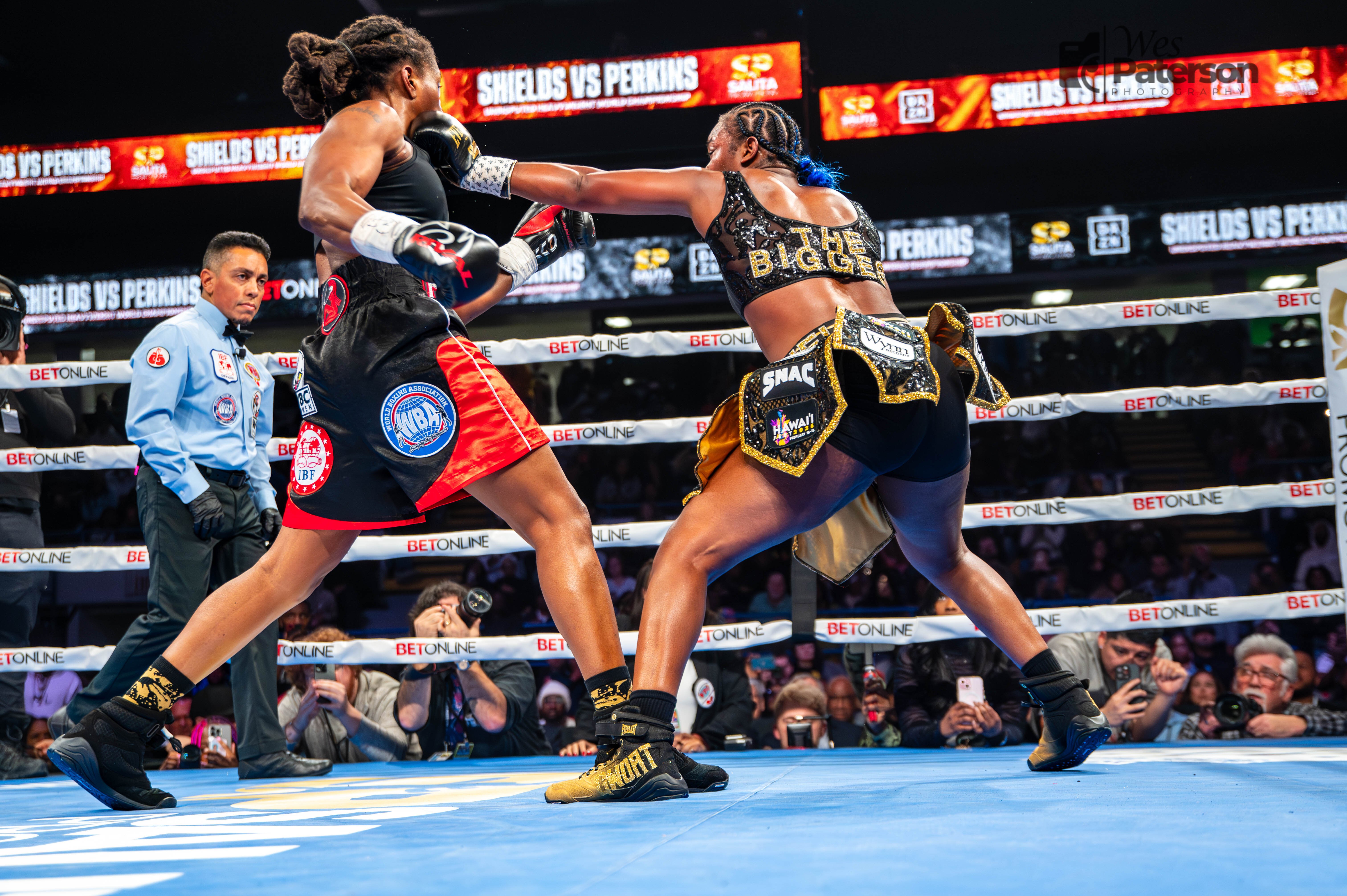 Claressa Shields throws a punch at opponent Danielle Perkins on Sunday, Feb. 2, 2025, at Dort Financial Center.