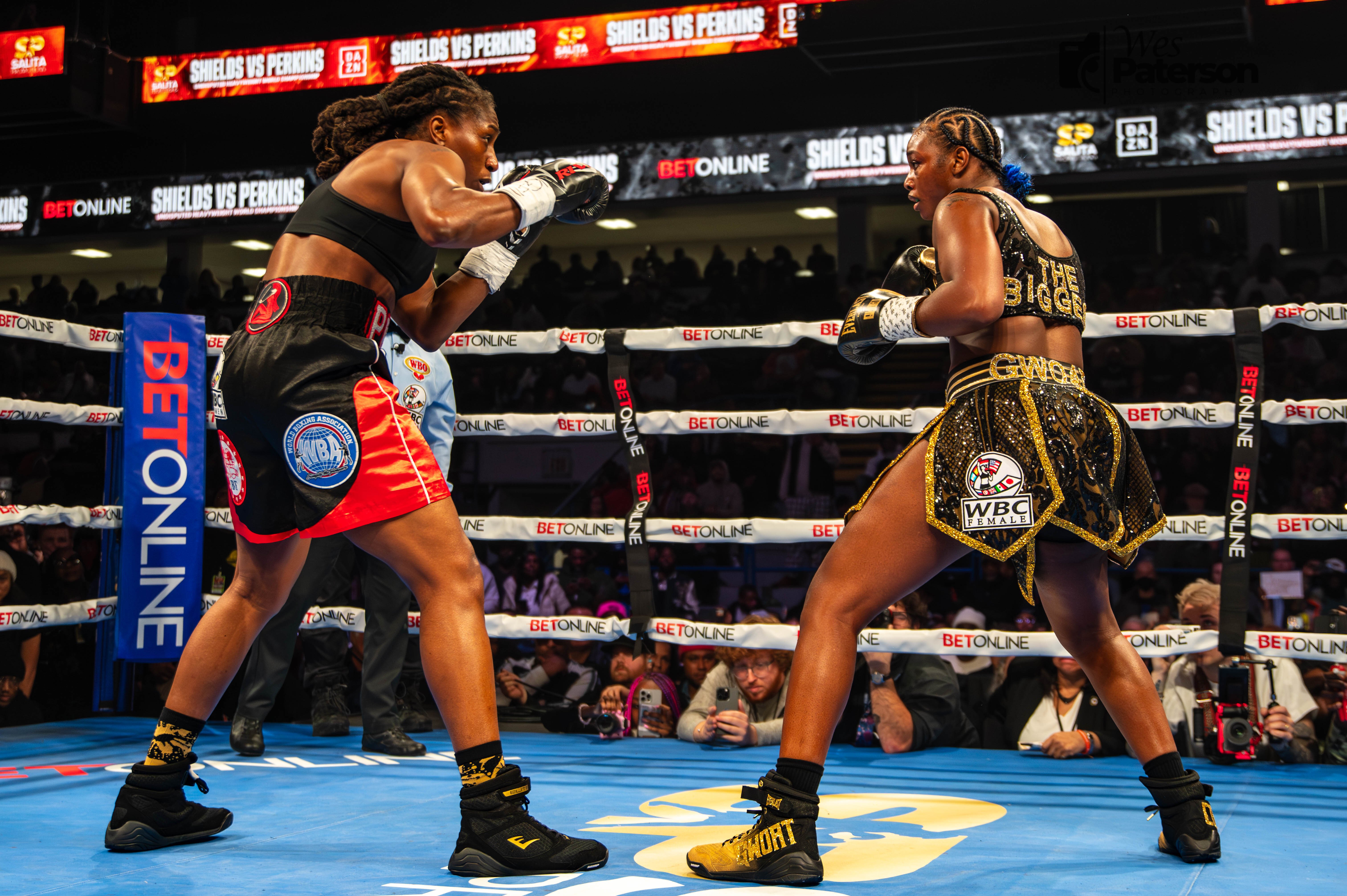 Claressa Shields spars with opponent Danielle Perkins on Sunday, Feb. 2, 2025, at Dort Financial Center.