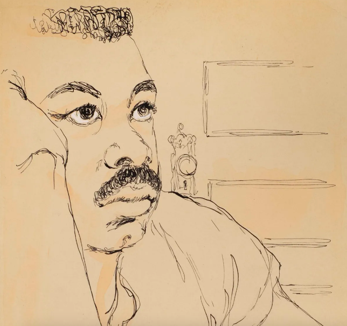 Cliff Joseph, American, 1922 - 2020. Self Portrait, ca. 1950. Pen and ink wash on paper 10 7/8 x 7 11/16 in. Private collection, Flint, Michigan.