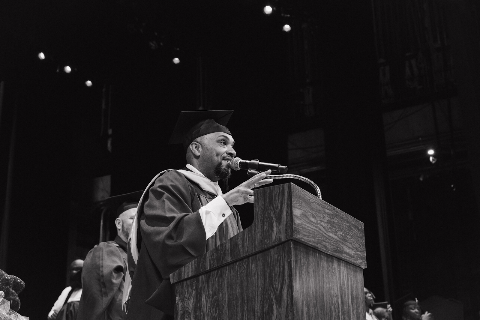 Flint Community Schools Superintendent Mr. Kevelin Jones gives remarks to the Class of '24 on June 4, 2024.