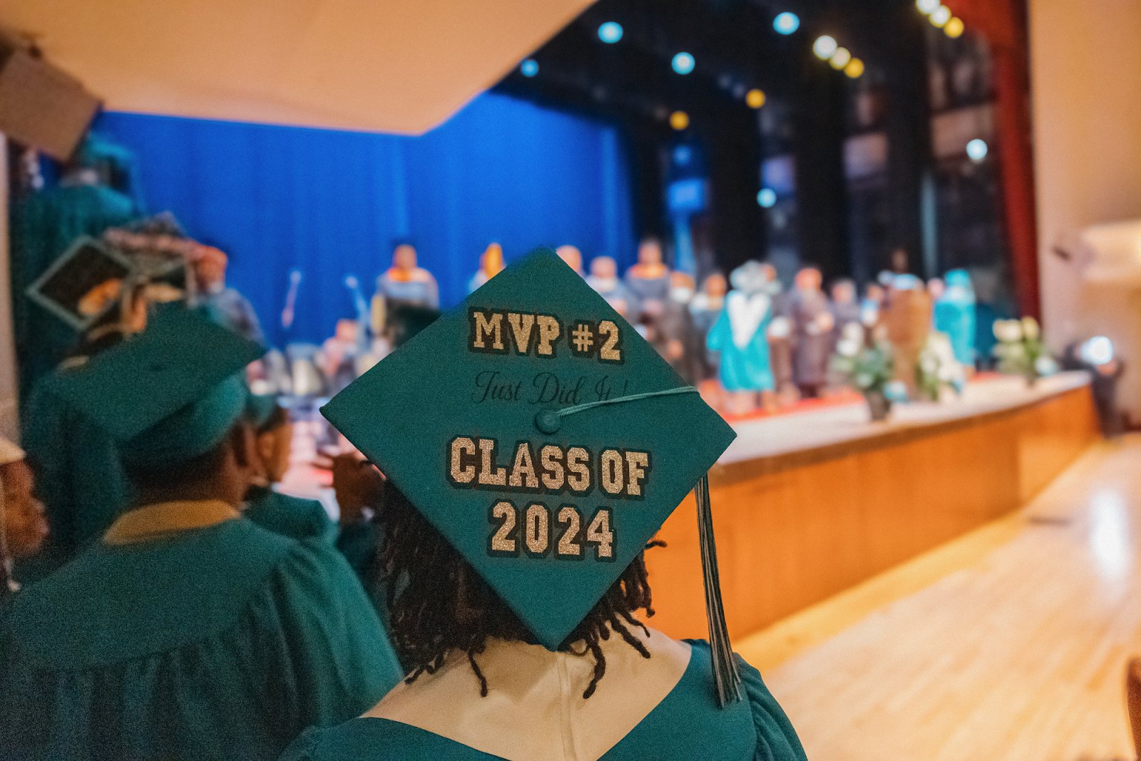 "MVP #2" reads on a graduate's cap on June 4, 2024.