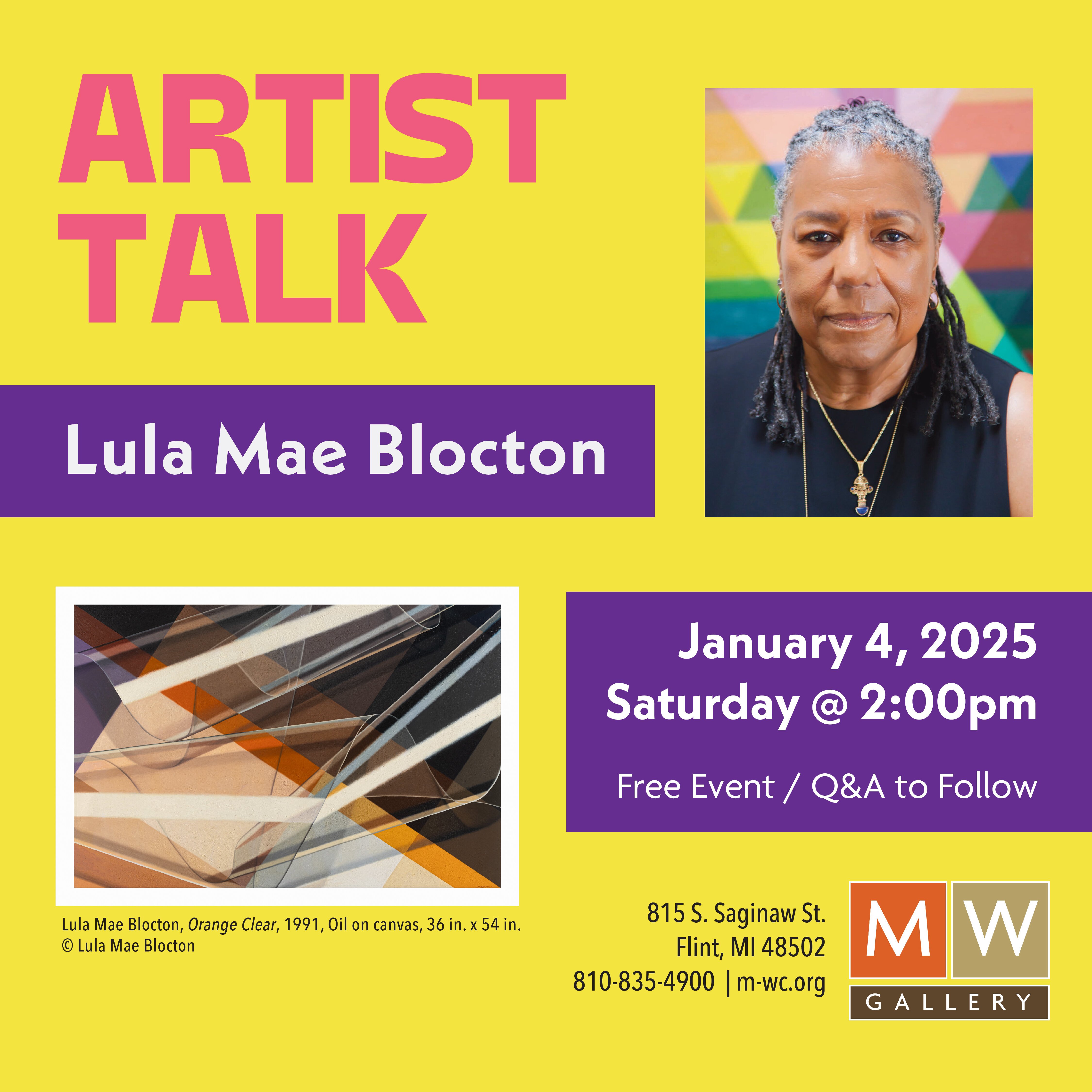 Renowned painter and Michigan native Lula Mae Blocton will discuss the art of color and abstraction on Saturday, Jan. 4, at MW Gallery in Downtown Flint. 