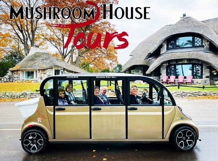 Thanks to a $20,000 Elevate grant, Mushroom House Tours expanded capacity with six-person, electric, open-air trams, parked here in front of two of the mushroom houses.